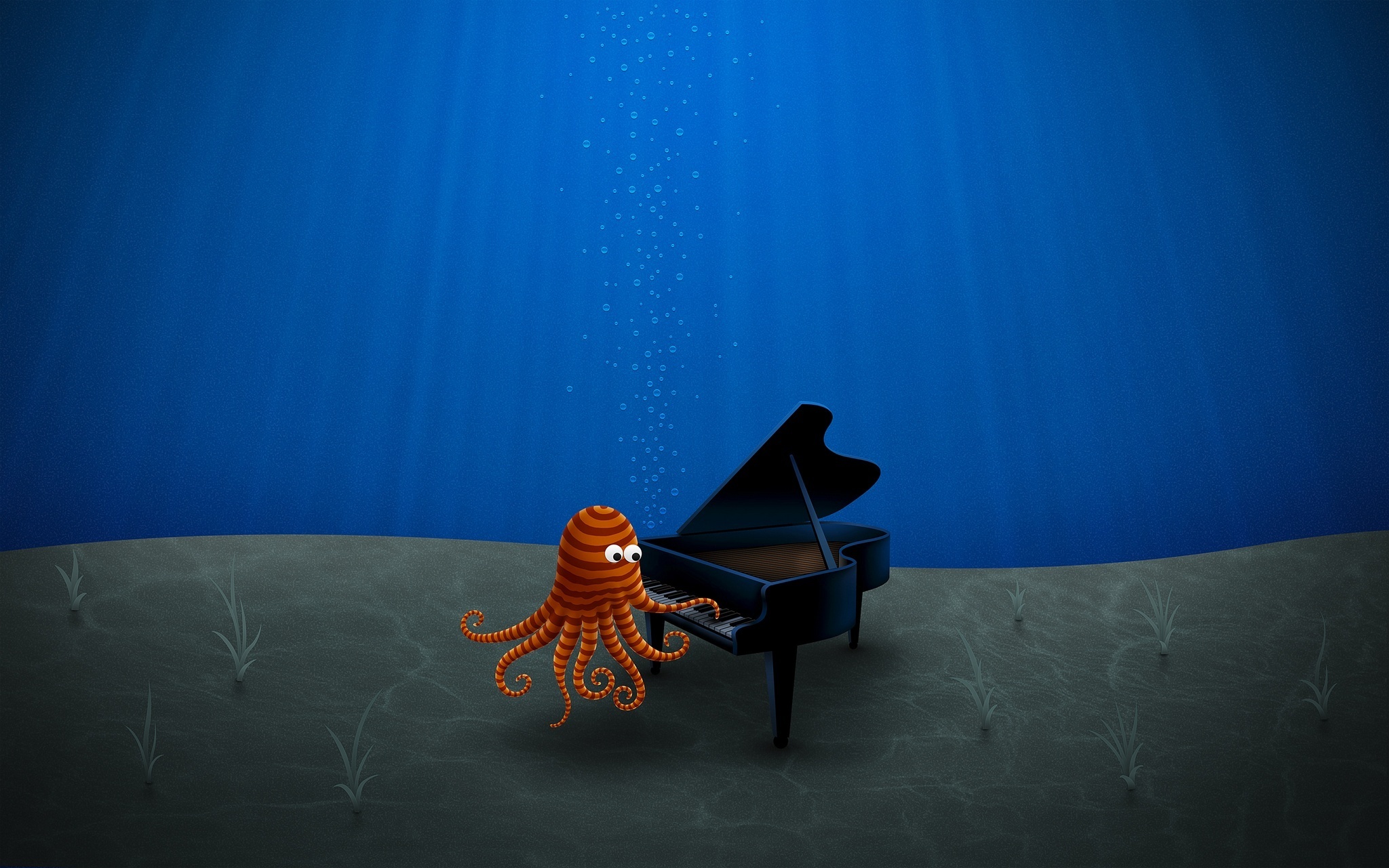 A beautiful striped red octopus plays a grand piano underwater